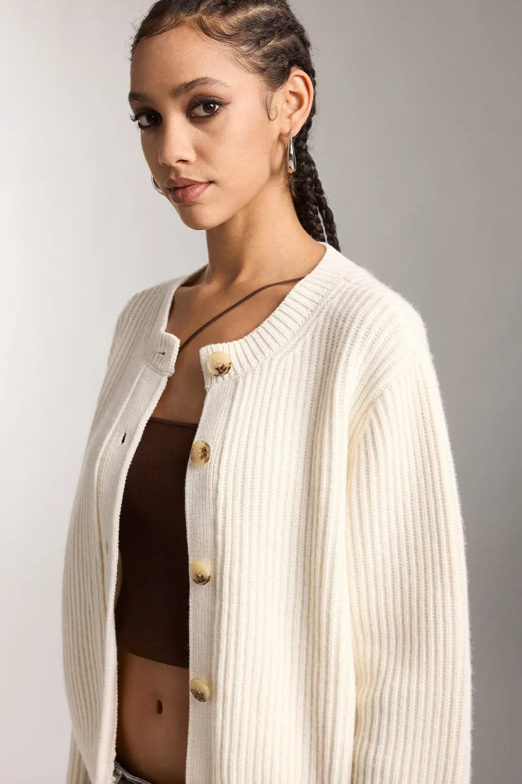 Crew Neck Cropped Wool Knitted Cardigan