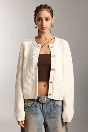 Crew Neck Cropped Wool Knitted Cardigan