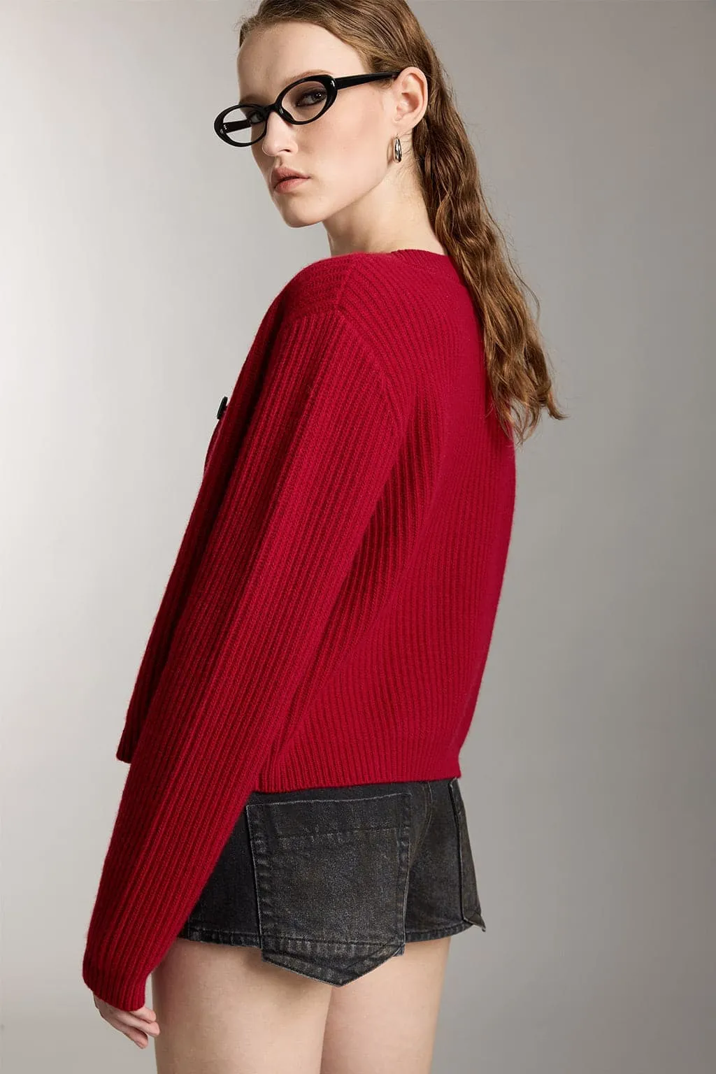 Crew Neck Cropped Wool Knitted Cardigan