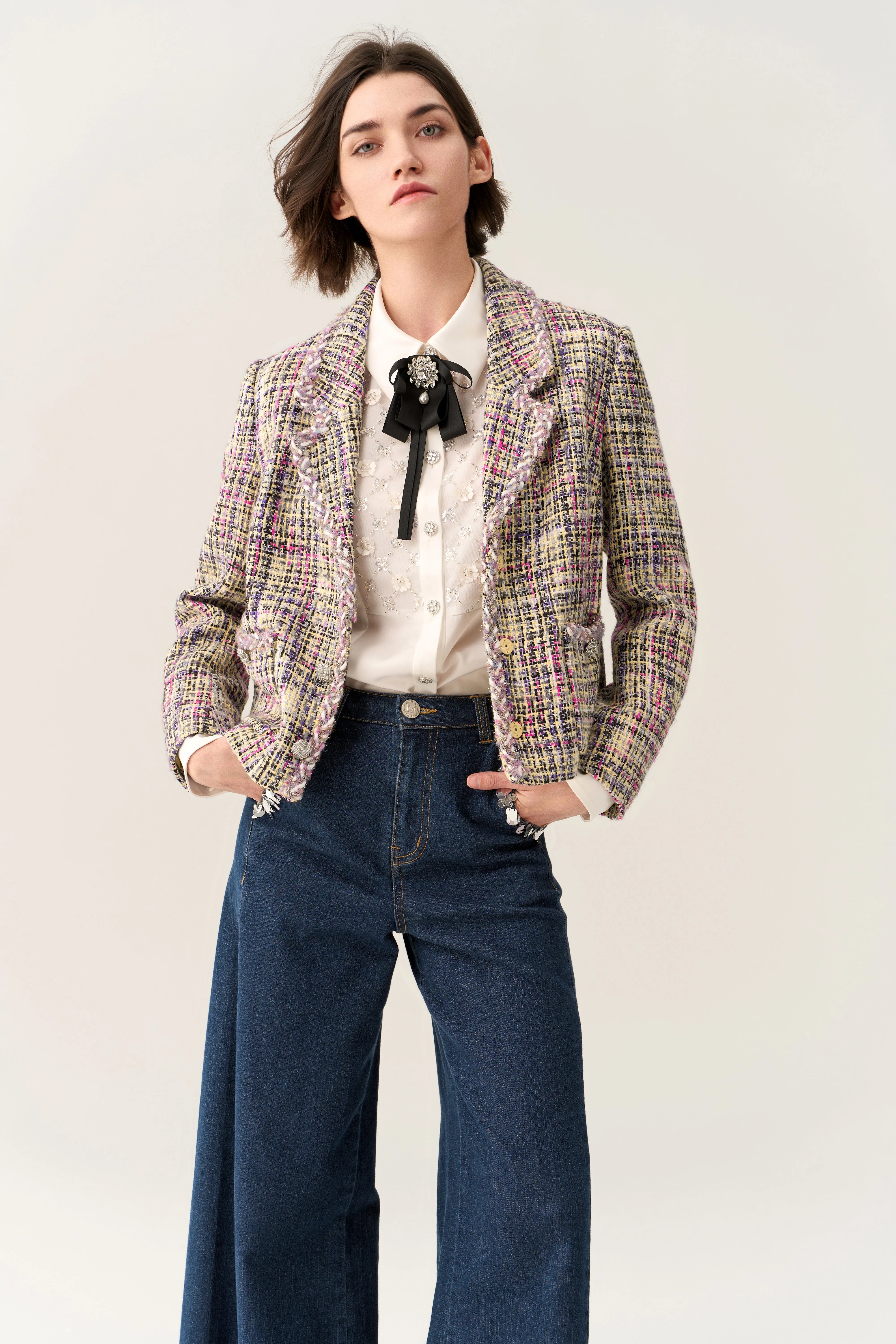 Cropped Braided Hem Tweed Jacket