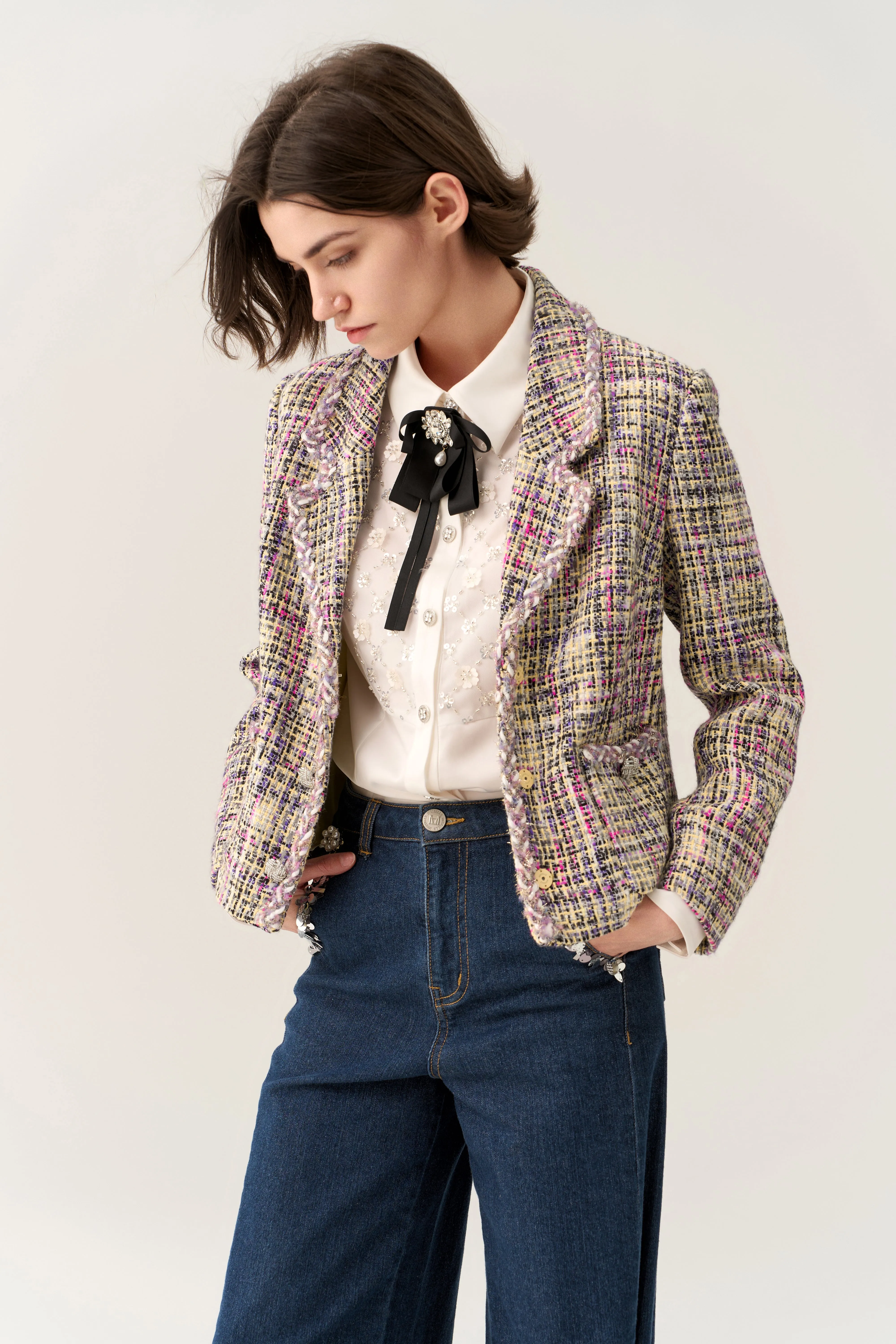 Cropped Braided Hem Tweed Jacket