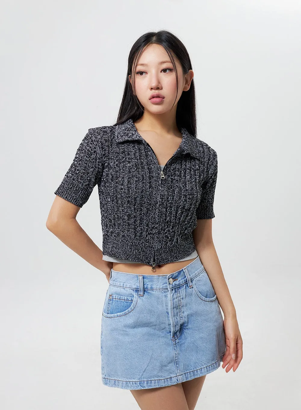 Cropped Knit Zip-Up CY325