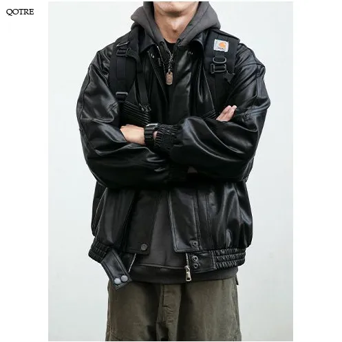 Cropped Motorcycle Windproof Loose Fit Biker Leather Jacket