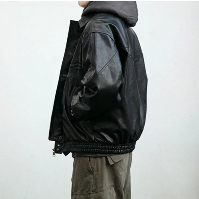 Cropped Motorcycle Windproof Loose Fit Biker Leather Jacket