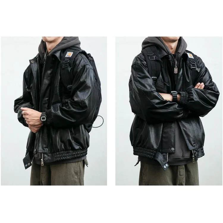 Cropped Motorcycle Windproof Loose Fit Biker Leather Jacket