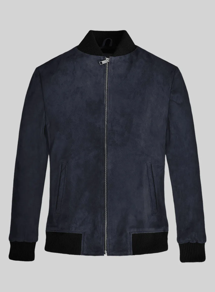 Dark Blue Suede Bomber Leather Jacket