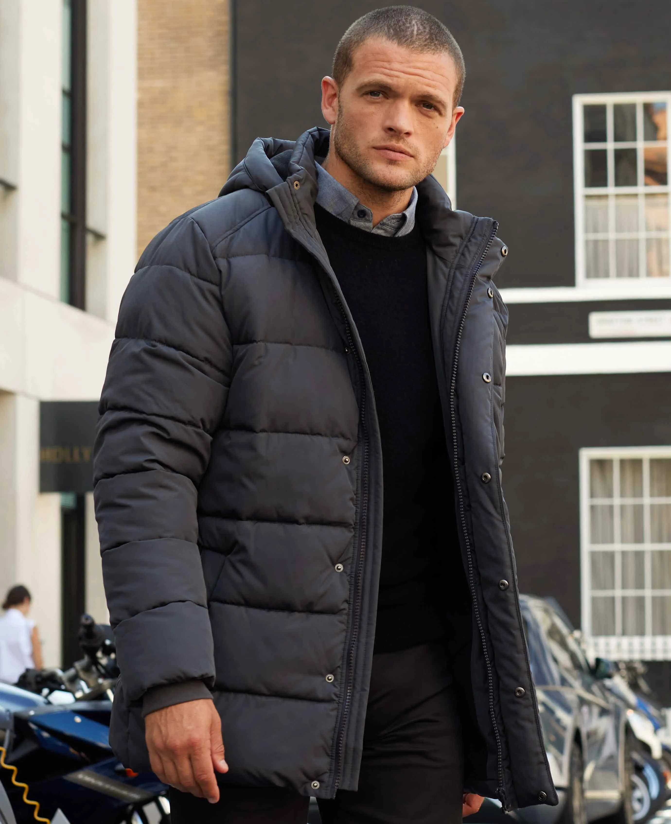 Dark Grey Hooded Puffer Jacket with Rib Knit Storm Cuffs