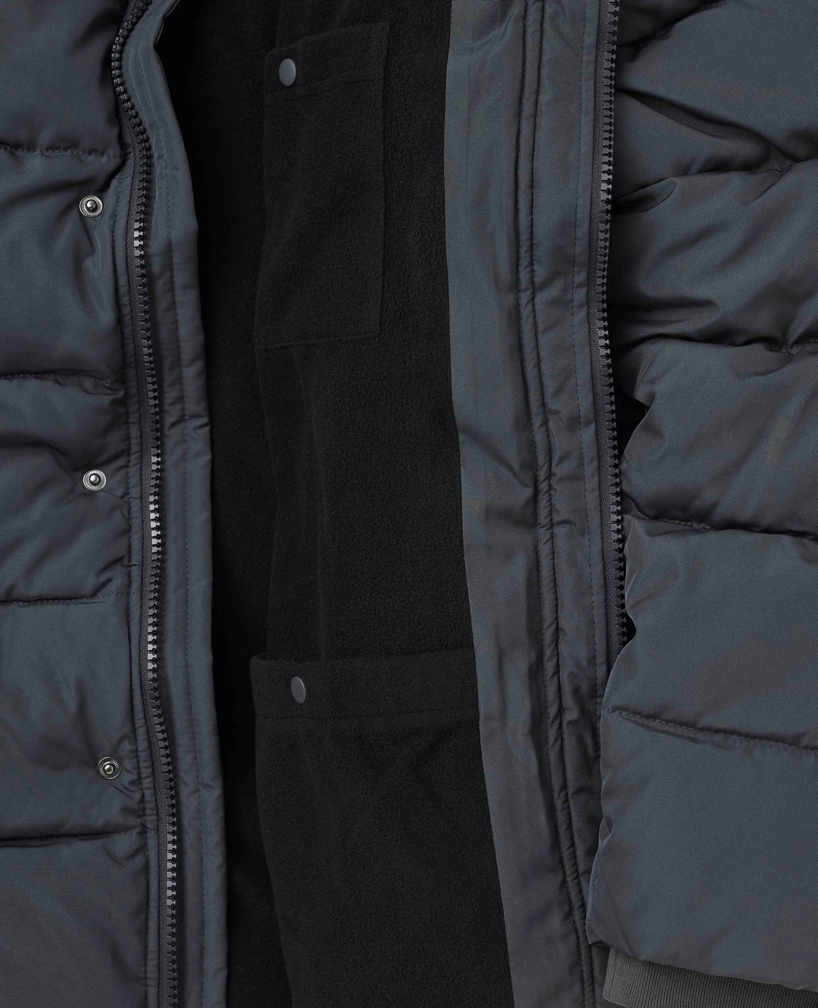 Dark Grey Hooded Puffer Jacket with Rib Knit Storm Cuffs