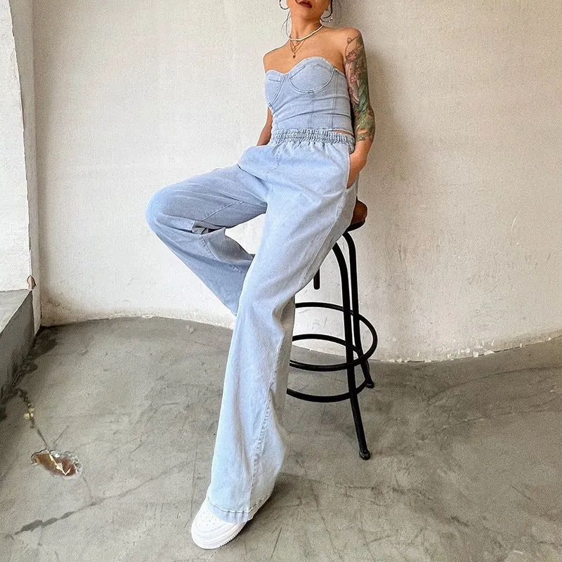 Denim Tube Top and Pants Set - Culture Heaven Special