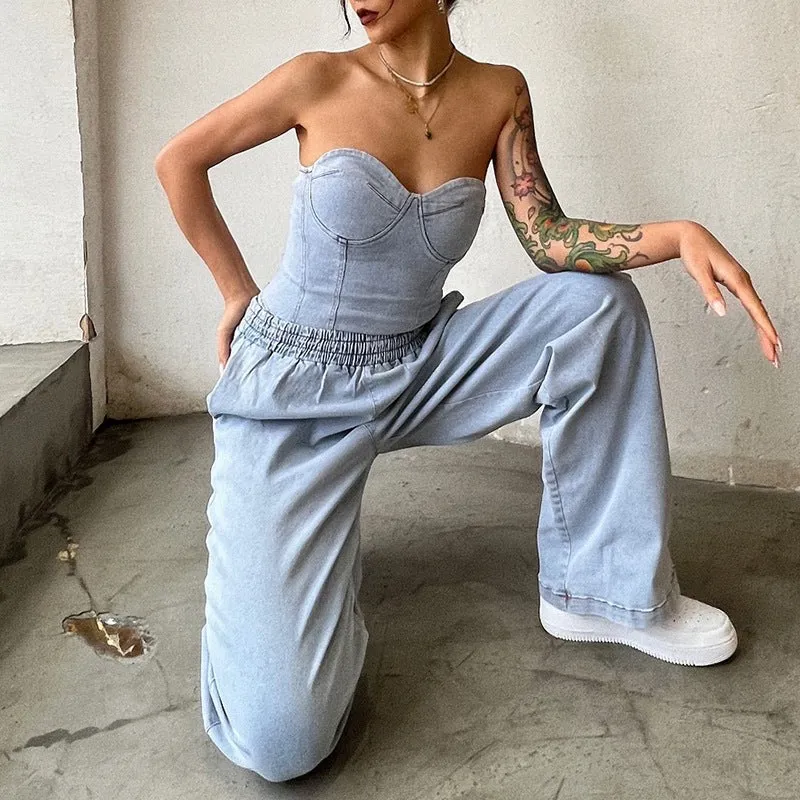 Denim Tube Top and Pants Set - Culture Heaven Special