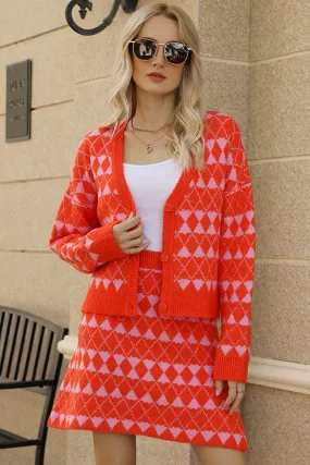 Dropped Shoulder Cardigan and Knit Skirt Set