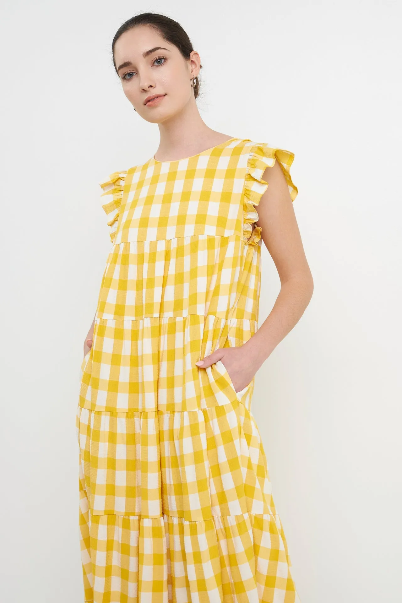 English Factory - Textured Gingham Maxi Tiered Baby Doll Dress