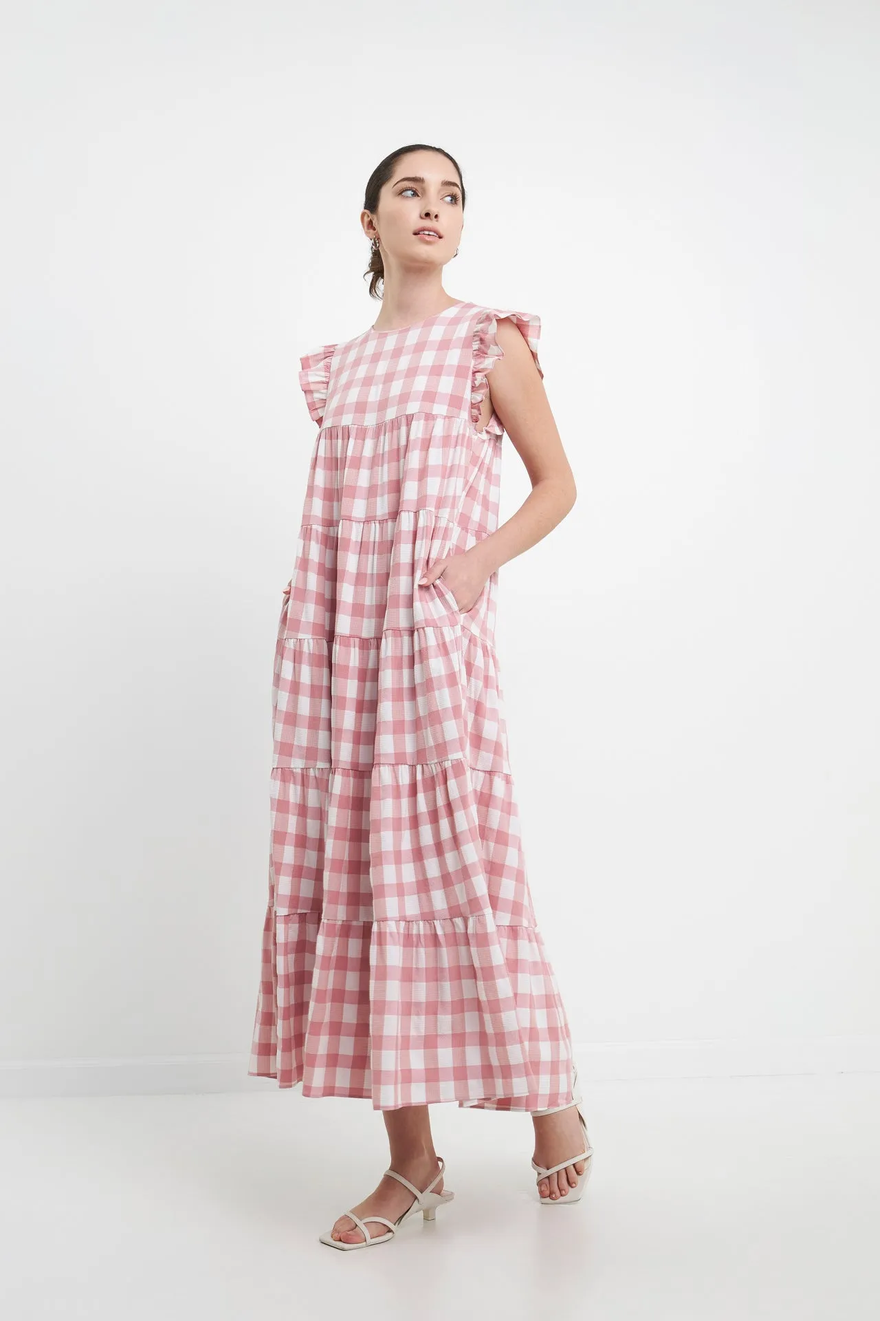 English Factory - Textured Gingham Maxi Tiered Baby Doll Dress