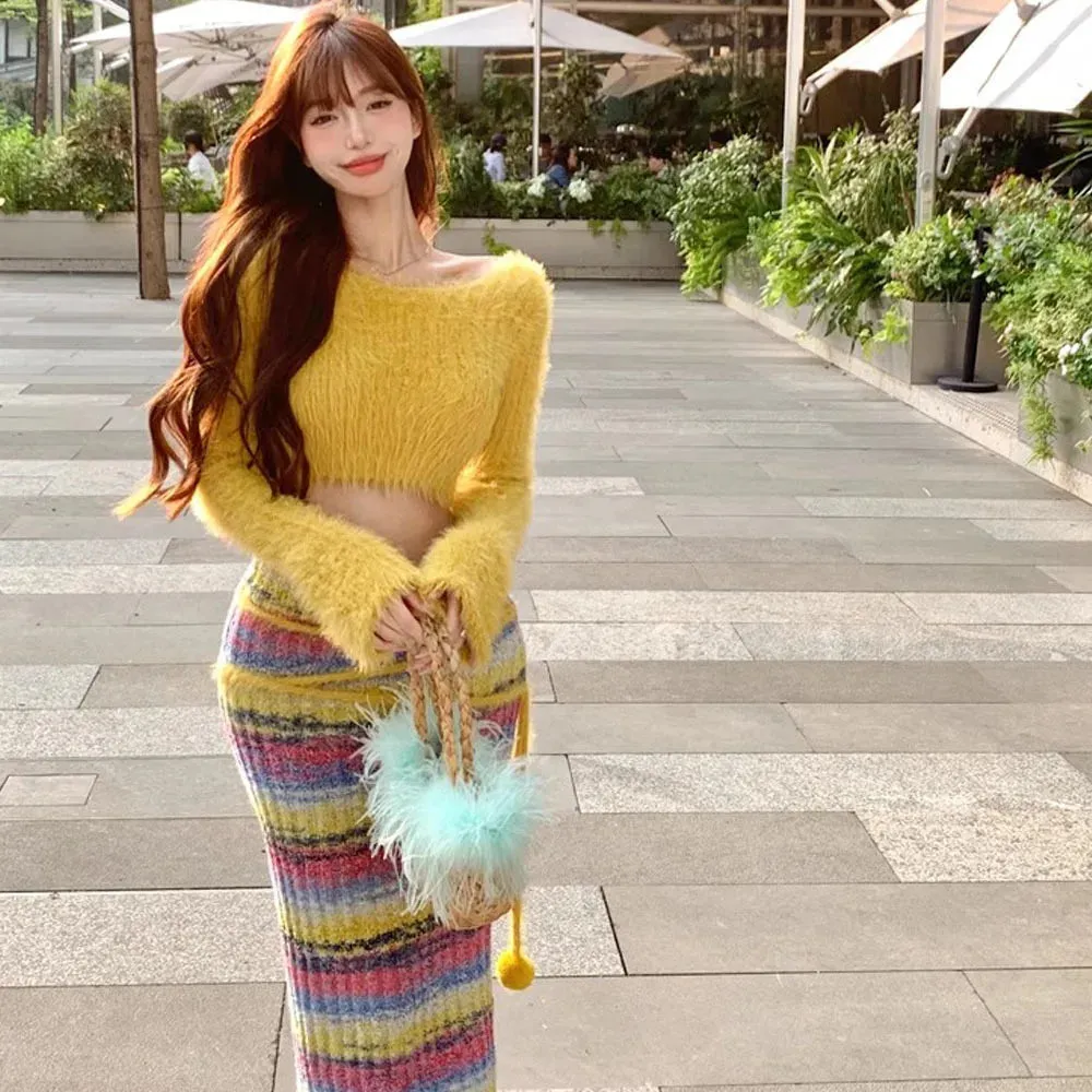 Fashionkova Autumn Winter Skirt Suit Women Bare Midriff Sweet Yellow Sweater   Furry Stripe Knit Long Skirts Crop Pullovers Tops 2 Piece Set