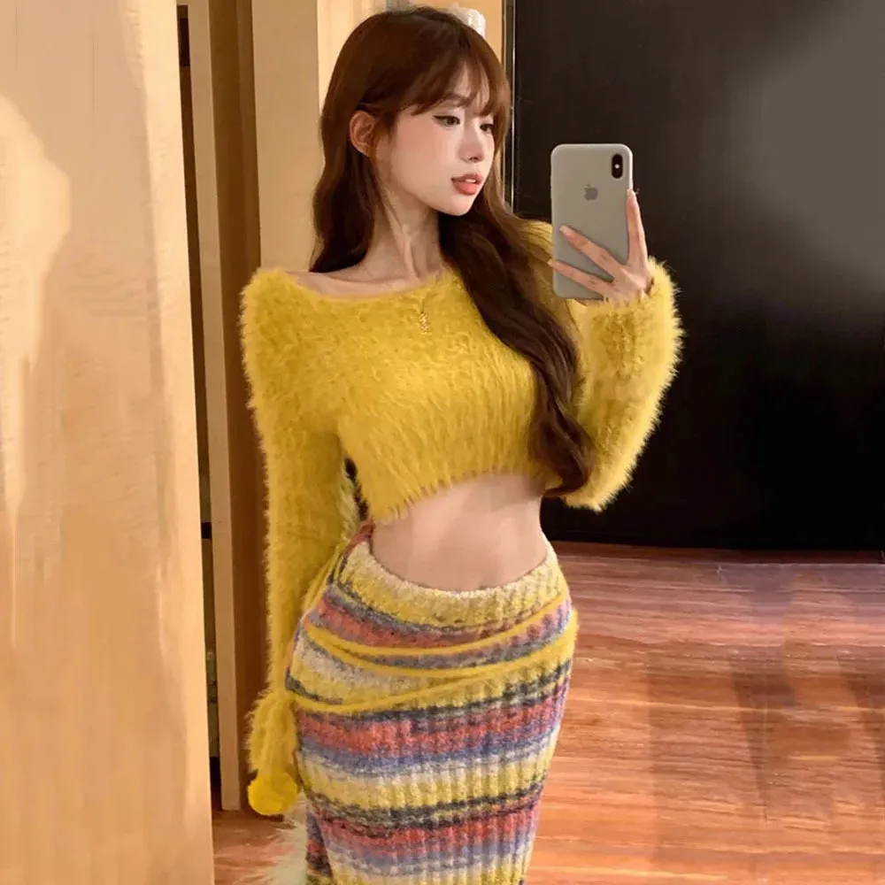 Fashionkova Autumn Winter Skirt Suit Women Bare Midriff Sweet Yellow Sweater   Furry Stripe Knit Long Skirts Crop Pullovers Tops 2 Piece Set