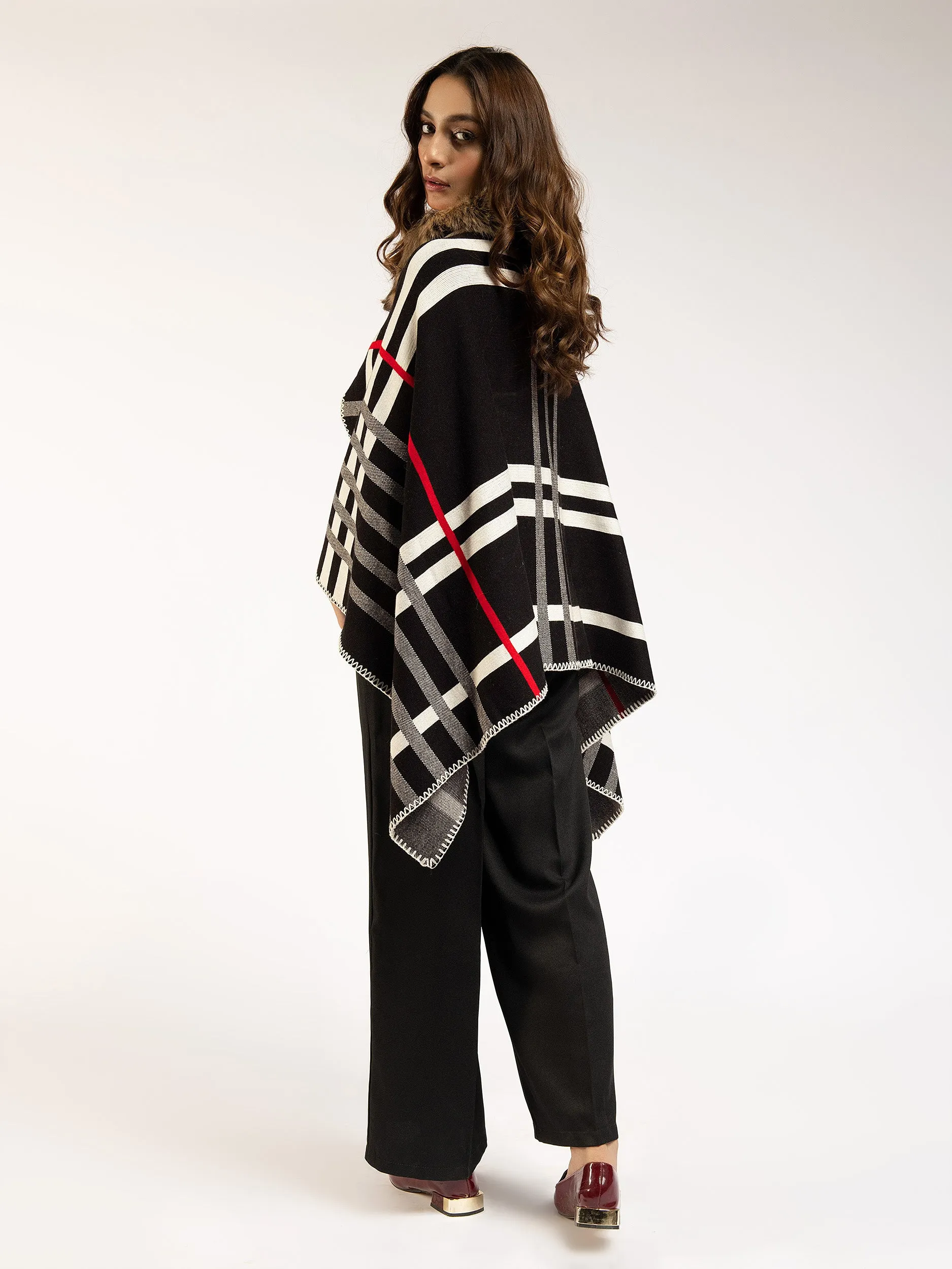 Faux Fur Check Poncho