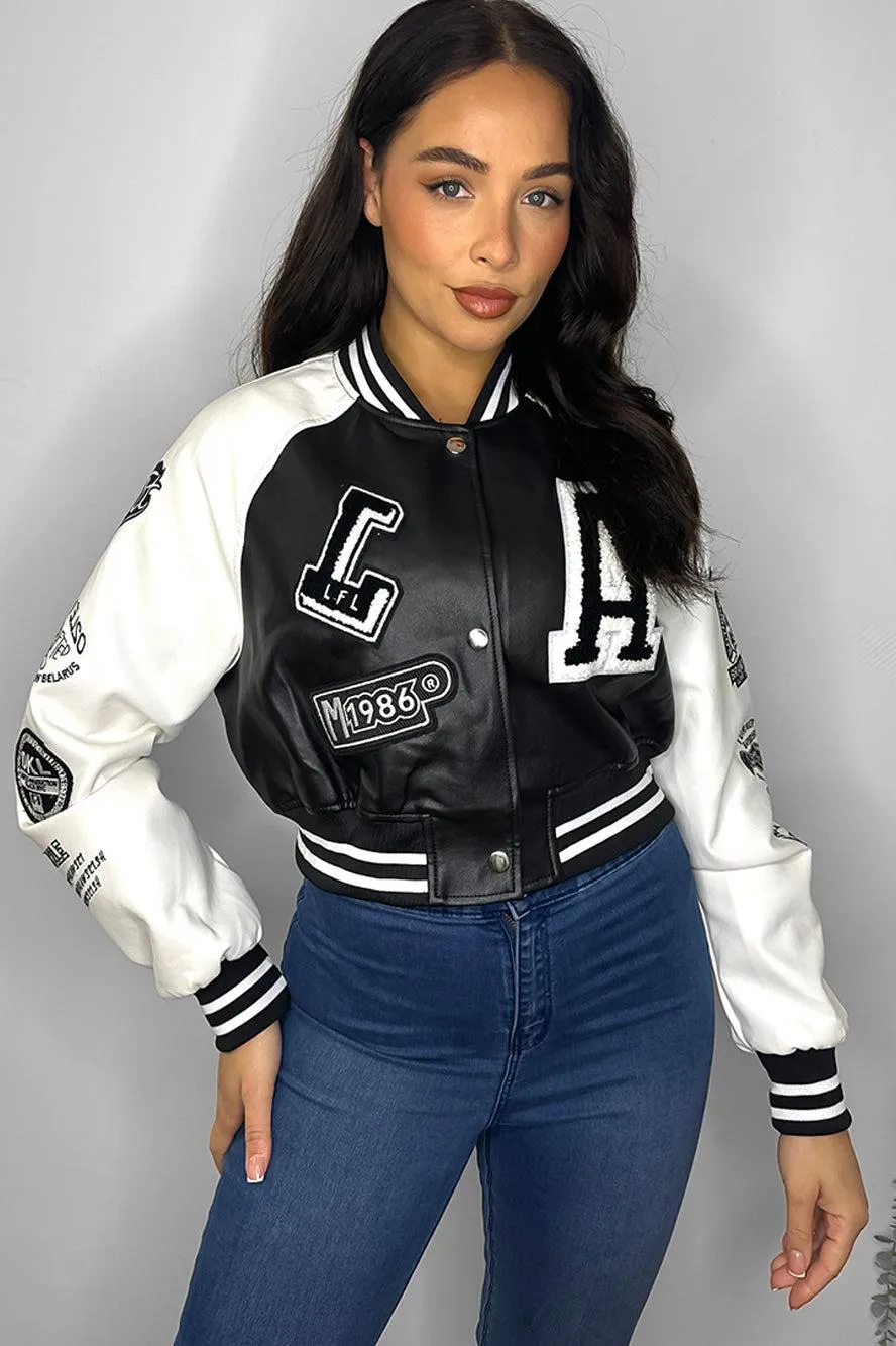 Faux Leather Cropped Contrast Varsity Bomber Jacket