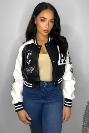 Faux Leather Cropped Contrast Varsity Bomber Jacket