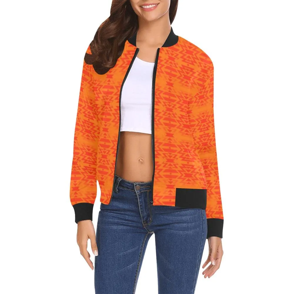 Fire Colors and Turquoise Orange Feather Directions Bomber Jacket for Women