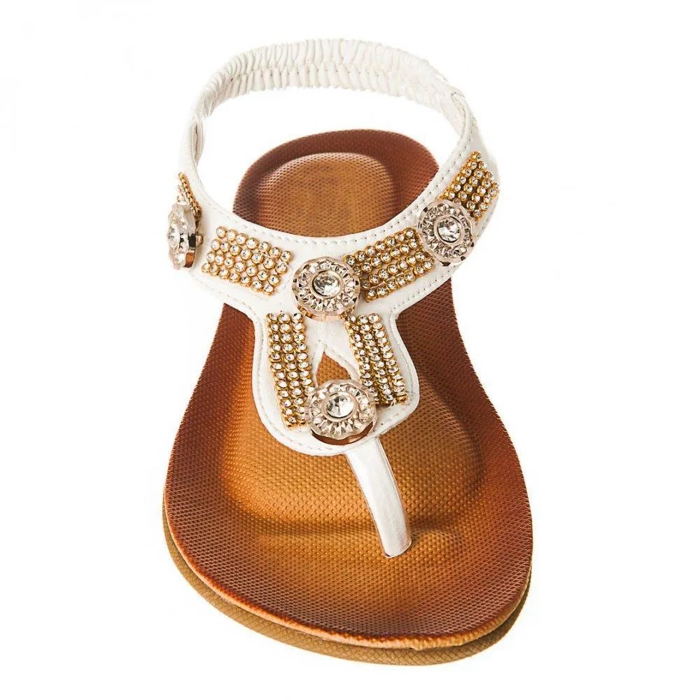 Flat Wedge Elasticated Ankle Strap Toe Post Diamante Sandal