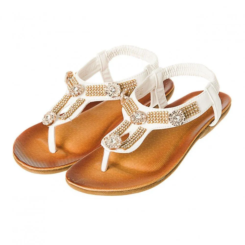 Flat Wedge Elasticated Ankle Strap Toe Post Diamante Sandal