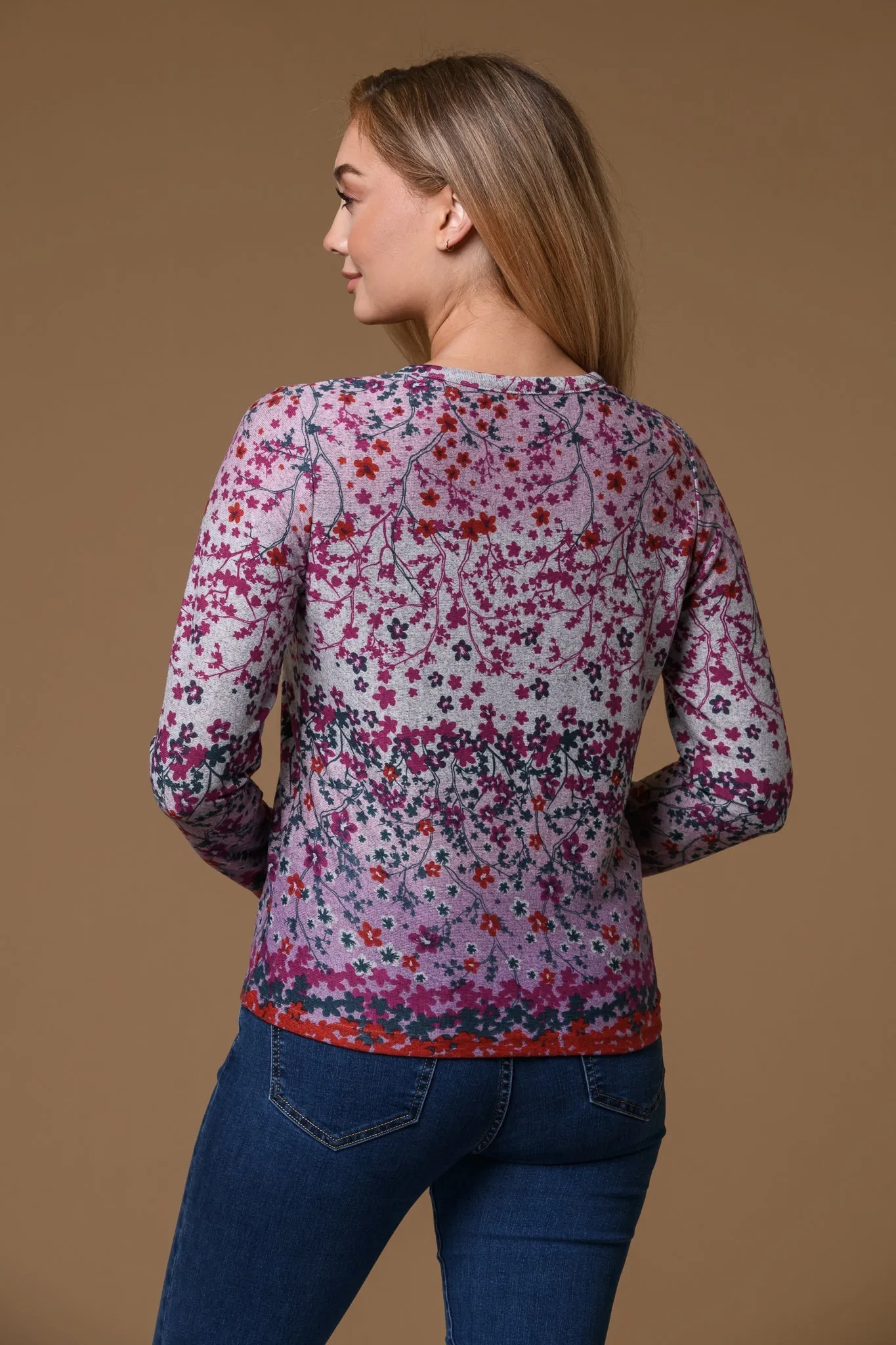 Floral Border Brushed Cardigan-Pink