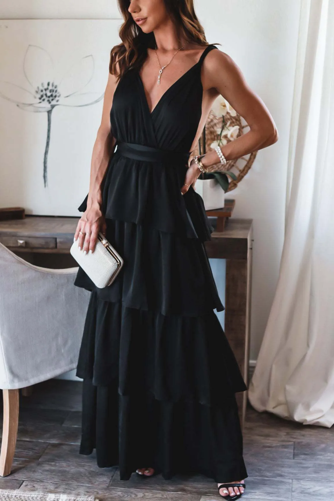 Formal Introduction Ruffle Tiered Maxi Dress - Black