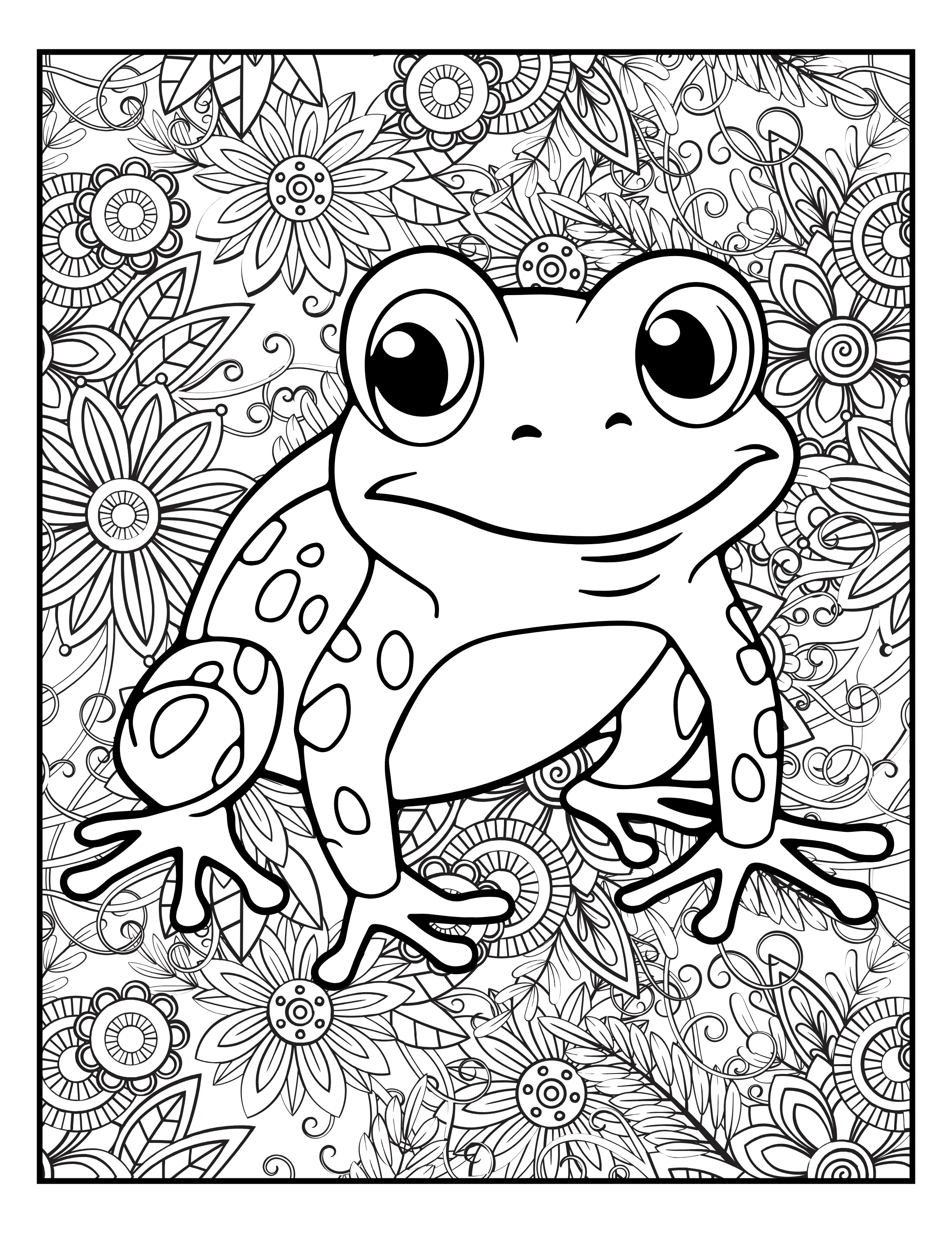 Frog Flower Magic: Adult Coloring Book Pages Printable, Digital Coloring Book PDF for All Ages