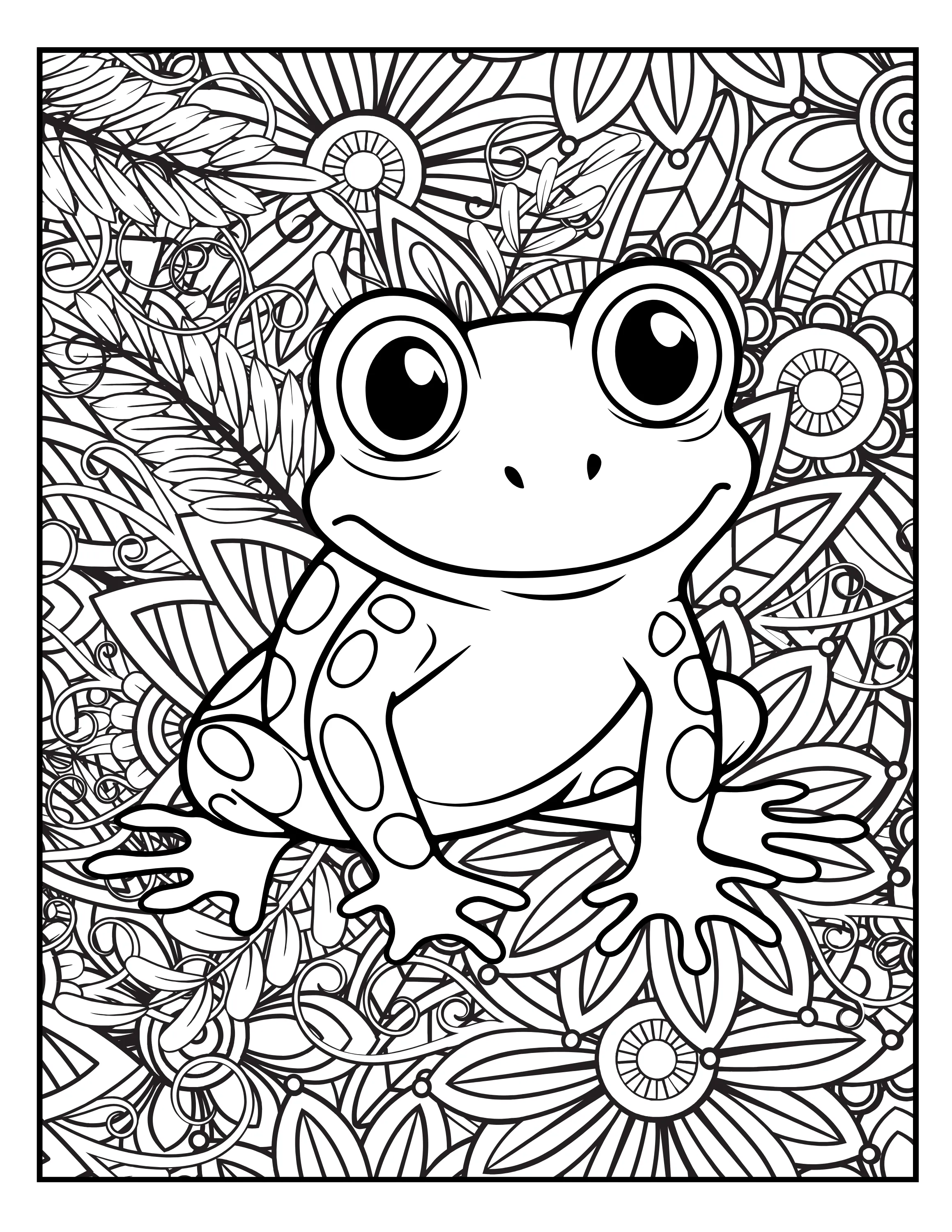 Frog Flower Magic: Adult Coloring Book Pages Printable, Digital Coloring Book PDF for All Ages