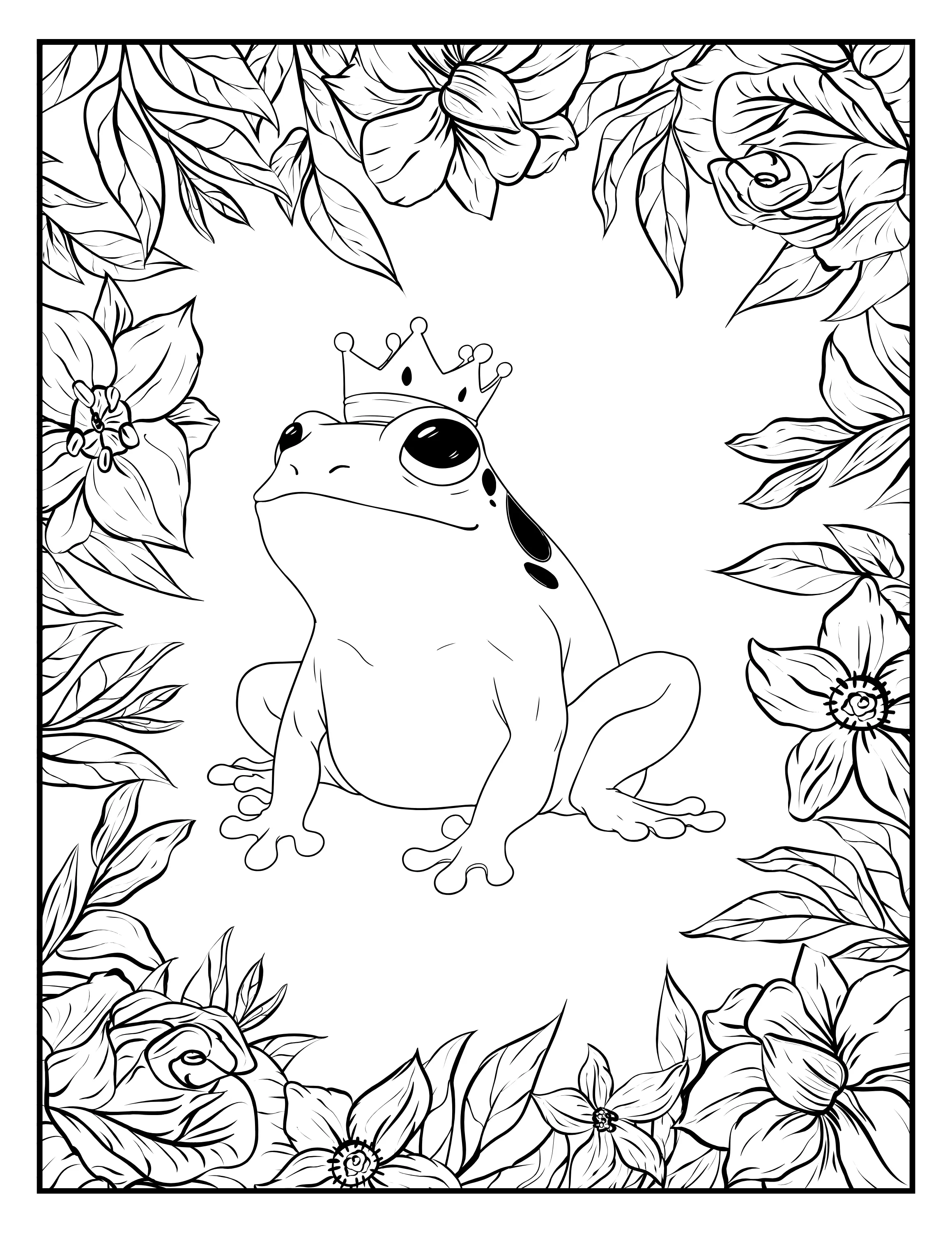 Frog Flower Magic: Adult Coloring Book Pages Printable, Digital Coloring Book PDF for All Ages