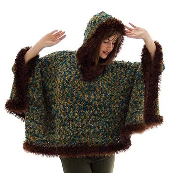 Fur Trimmed Boucle Poncho Pattern (Knit)