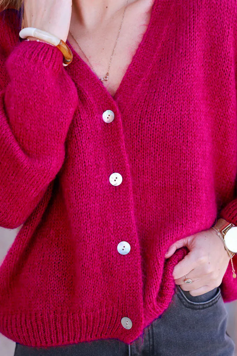 Gilet en mailles framboise boutons nacrés