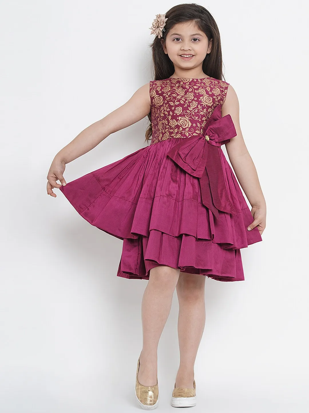 Girl's Burgundy Printed Fit And Flare Dress  - NOZ2TOZ KIDS