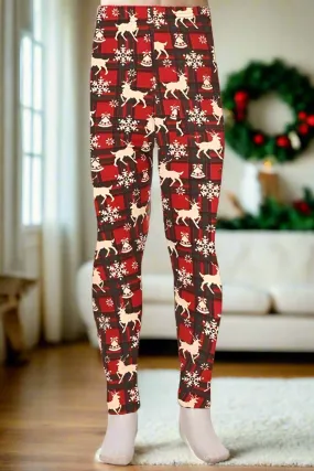 Girls Christmas Snowflake Leggings, Kids Yoga Pants, Sizes S/L, No-Roll Waist, Red/White