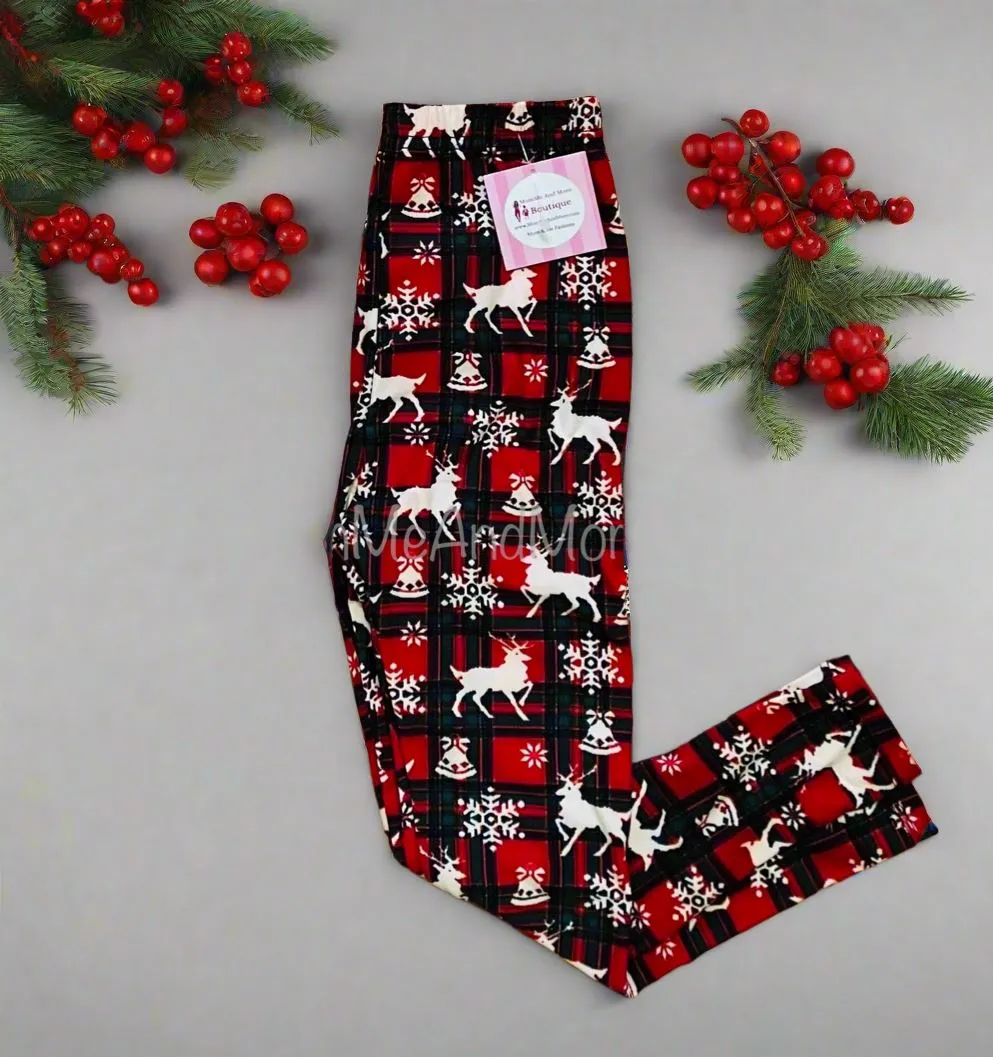 Girls Christmas Snowflake Leggings, Kids Yoga Pants, Sizes S/L, No-Roll Waist, Red/White