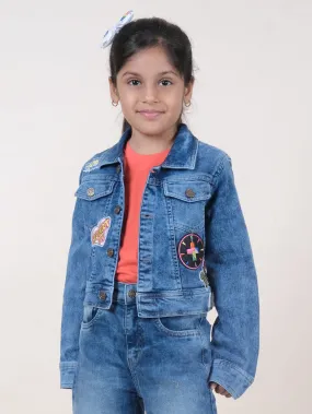 Girls Full Sleeve Multi Patch Detailed Crop Denim Jacket