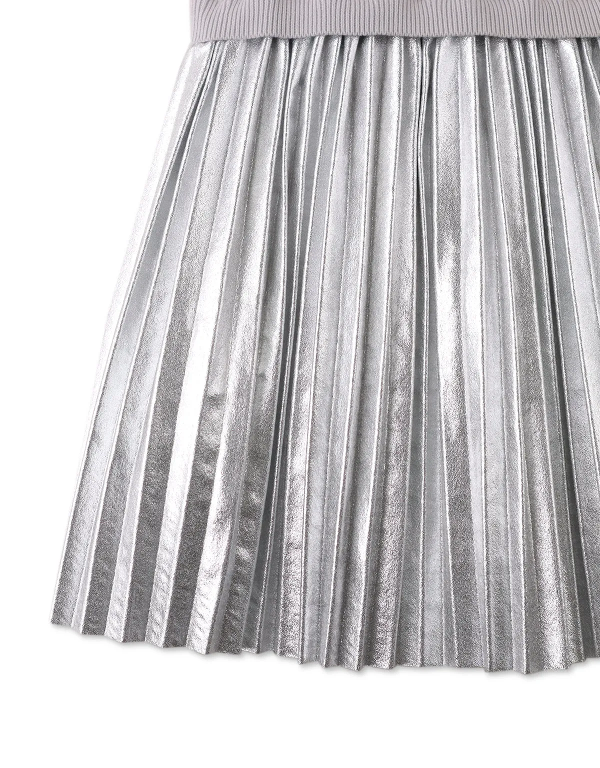 GIRLS KNITTED BODICE DRESS WITH METALLIC PLEATED SKIRT