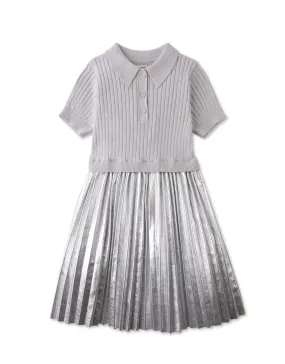 GIRLS KNITTED BODICE DRESS WITH METALLIC PLEATED SKIRT