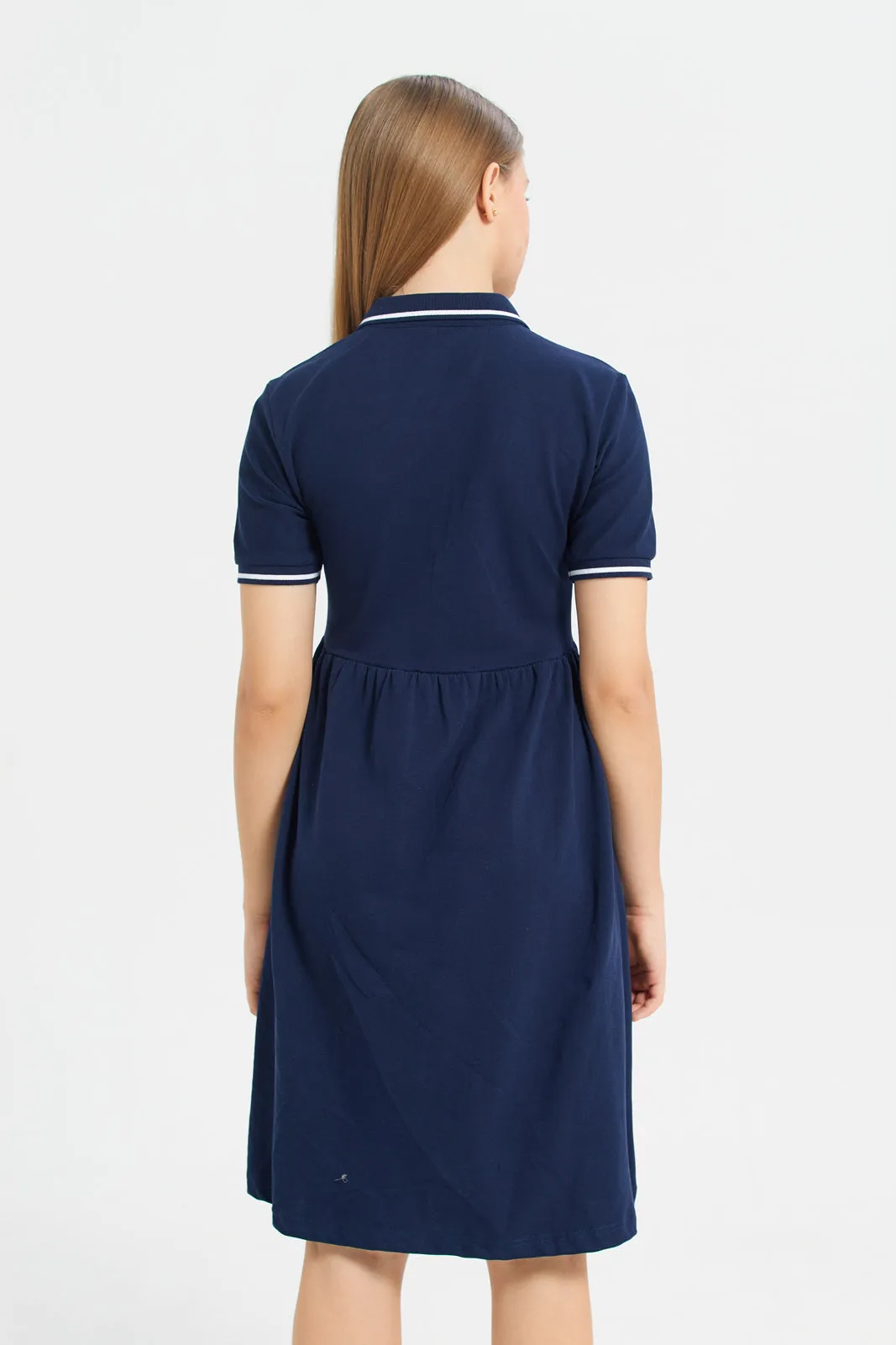 Girls Navy Collar Plain Short Sleeve Dress