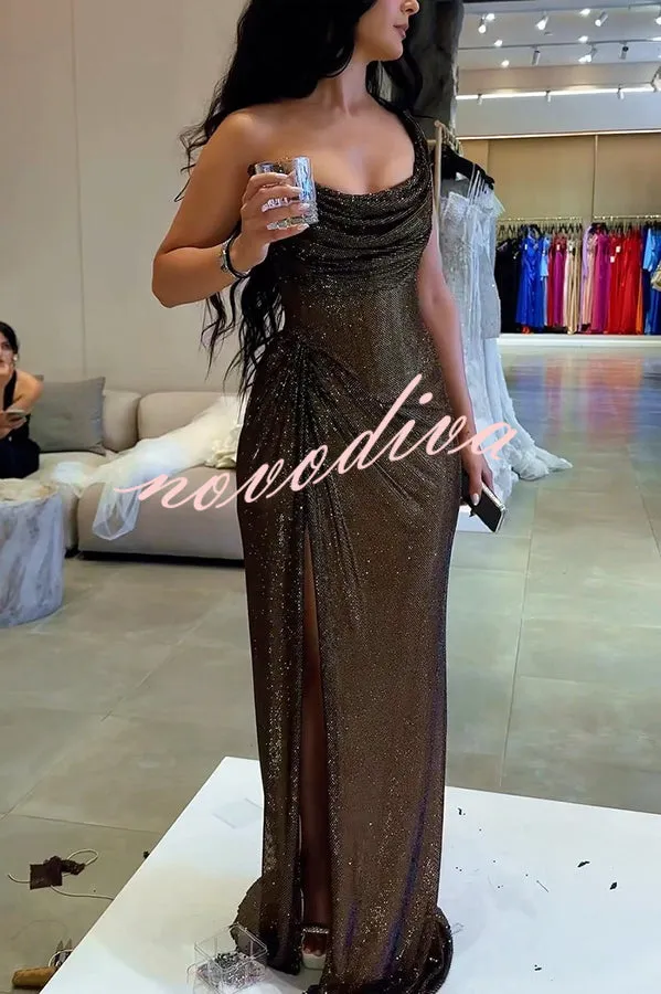 Glitzy Gala Glitter Fabric One Shoulder Ruched Slit Maxi Dress