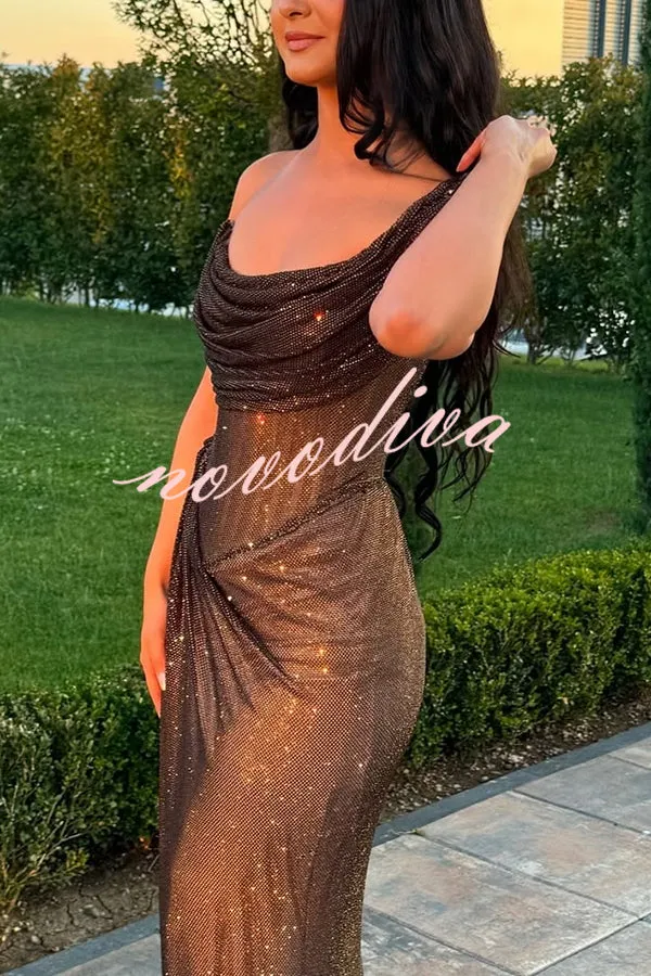 Glitzy Gala Glitter Fabric One Shoulder Ruched Slit Maxi Dress