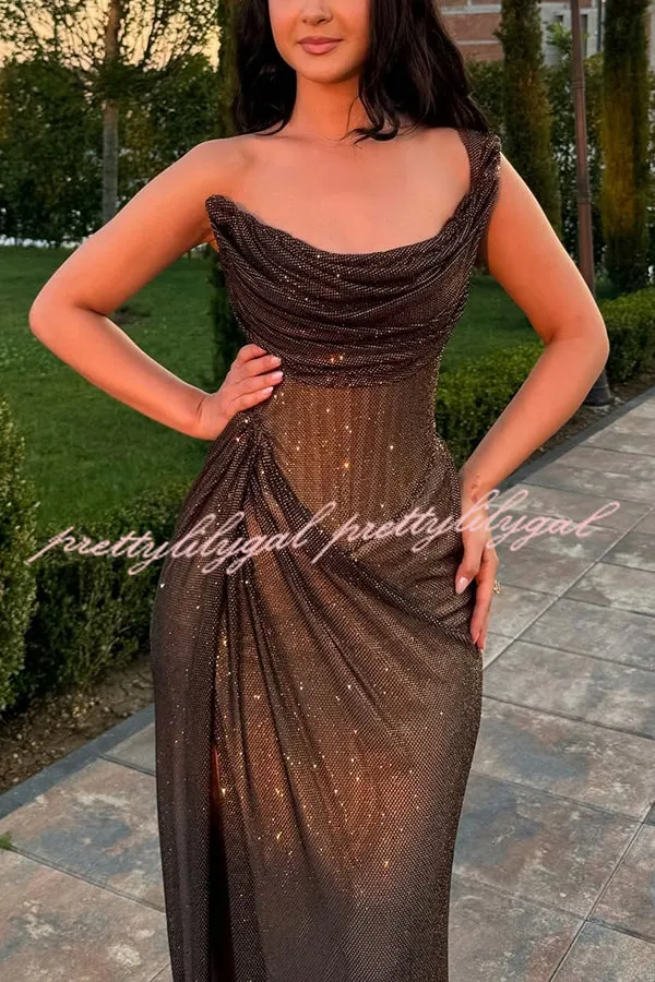 Glitzy Gala Glitter Fabric One Shoulder Ruched Slit Maxi Dress