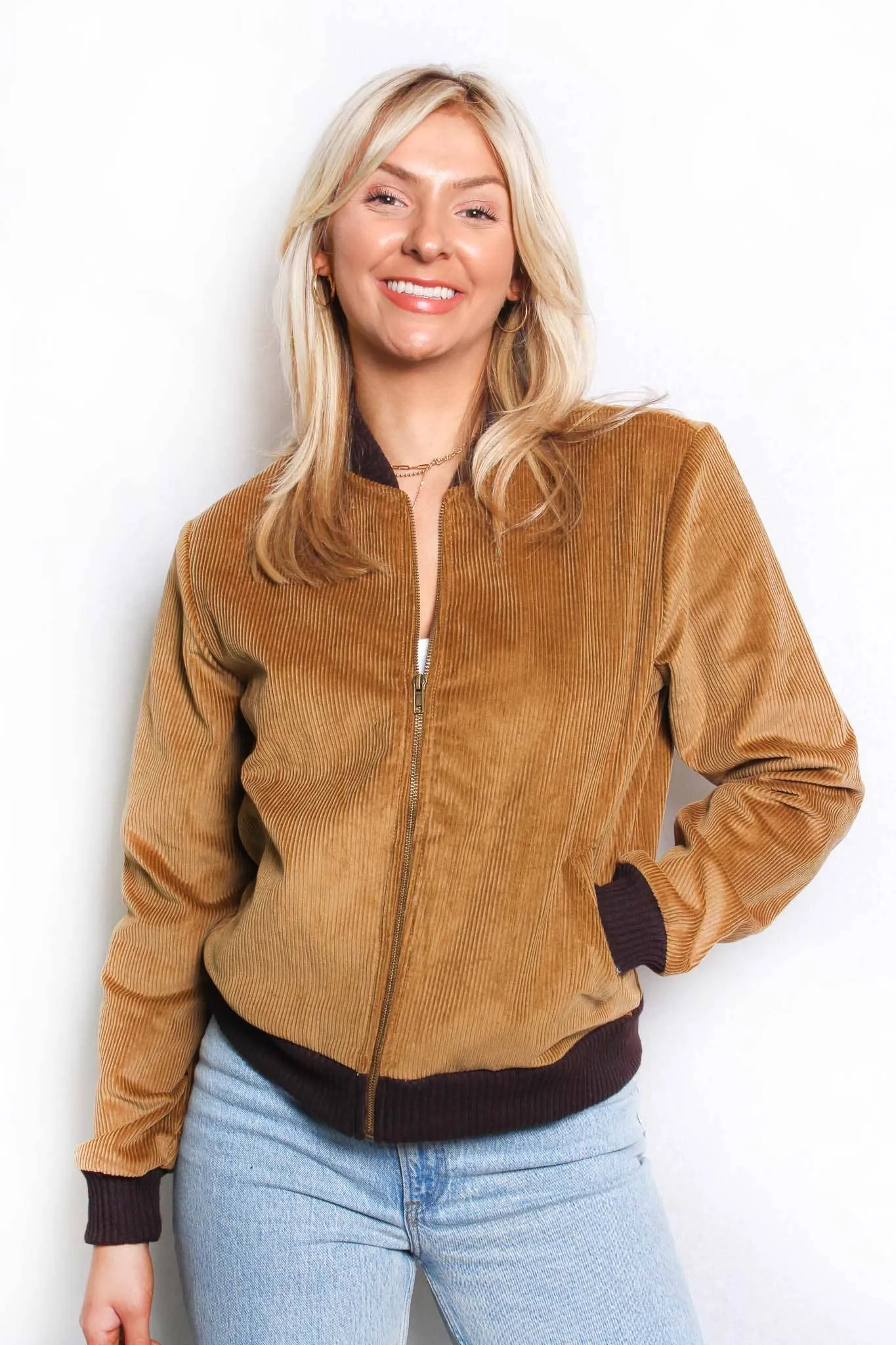 Golden Brown Women's Long Sleeve Lined Corduroy Bomber Jacket