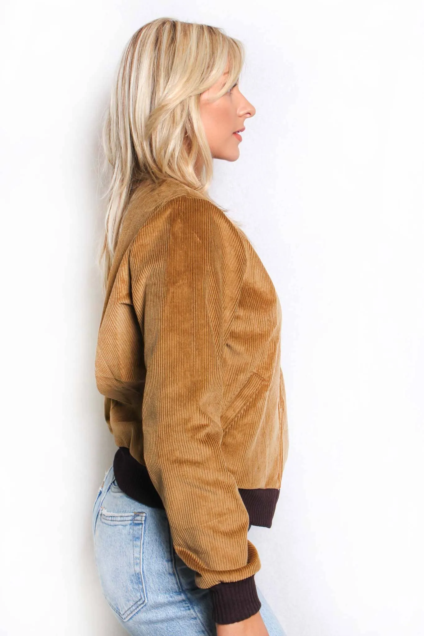 Golden Brown Women's Long Sleeve Lined Corduroy Bomber Jacket