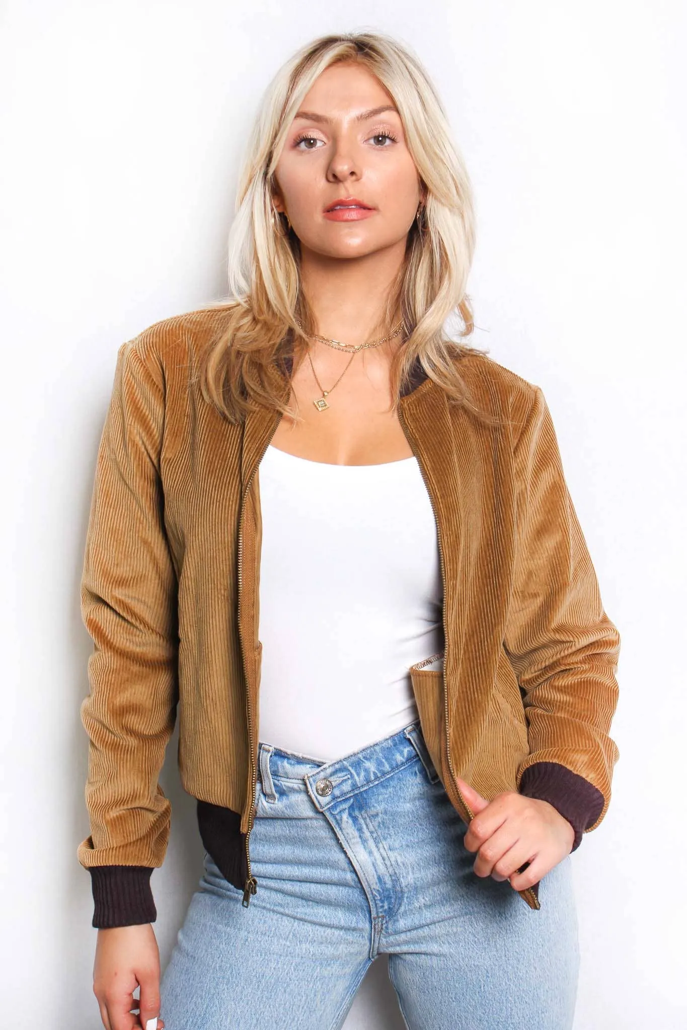 Golden Brown Women's Long Sleeve Lined Corduroy Bomber Jacket