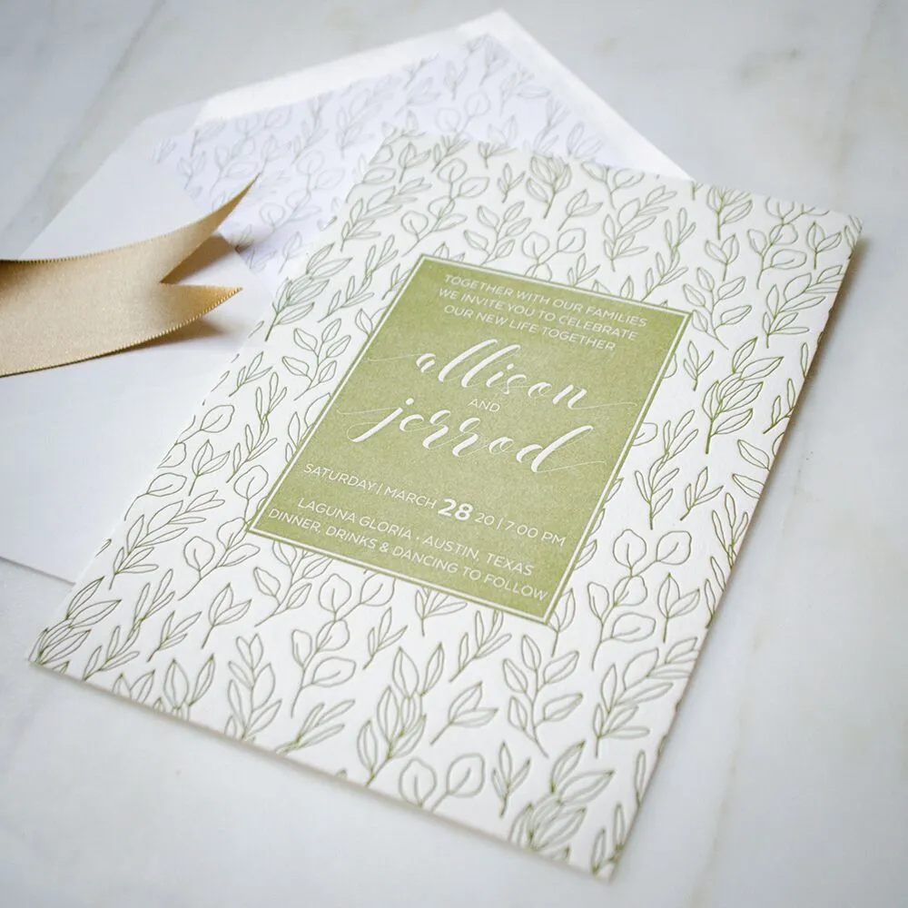 Green Leaf Personalized Letterpress Wedding Invitations