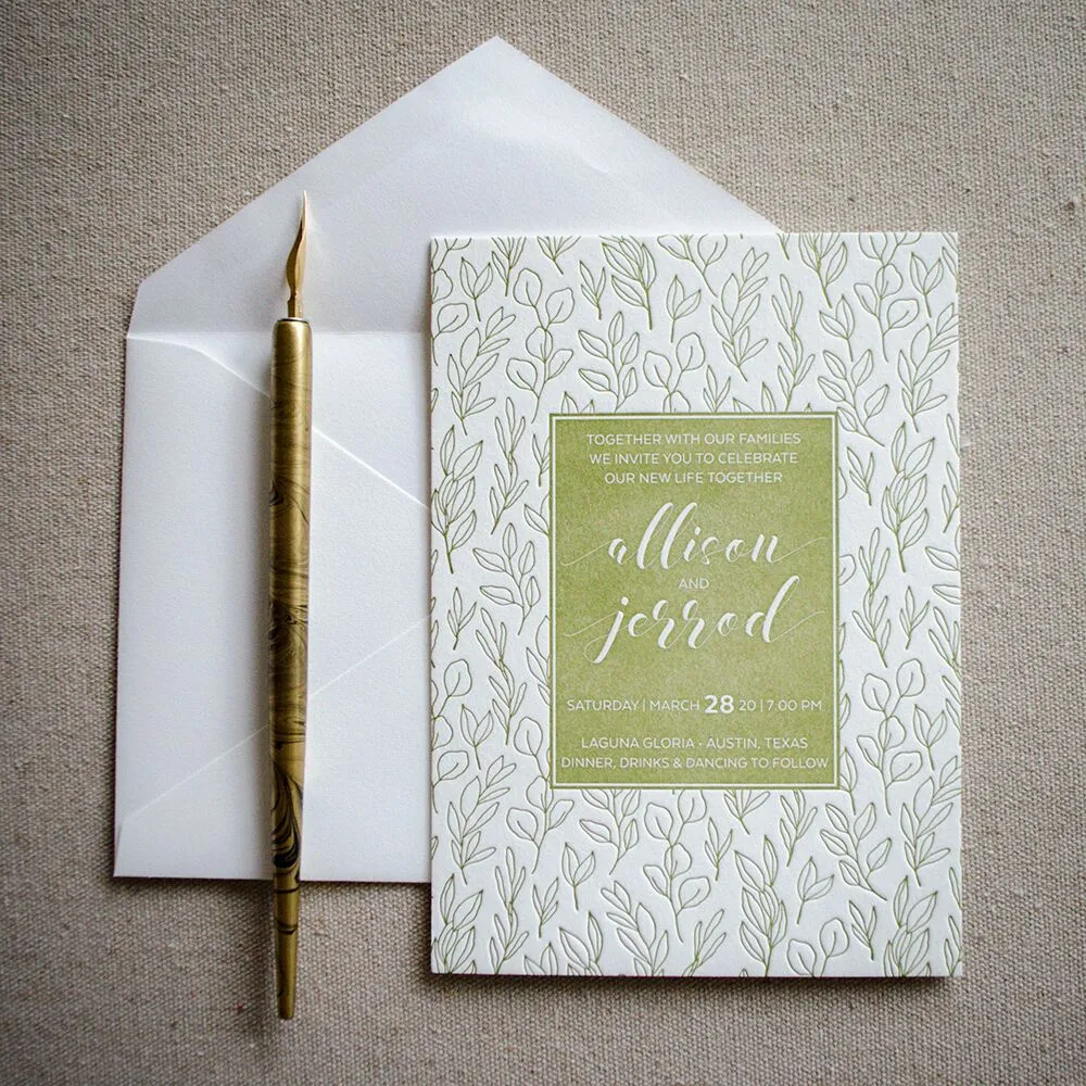 Green Leaf Personalized Letterpress Wedding Invitations