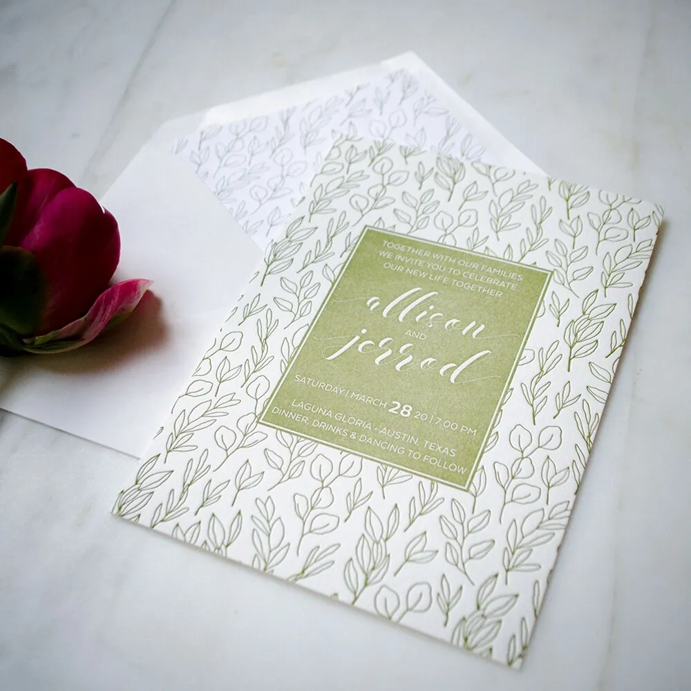 Green Leaf Personalized Letterpress Wedding Invitations