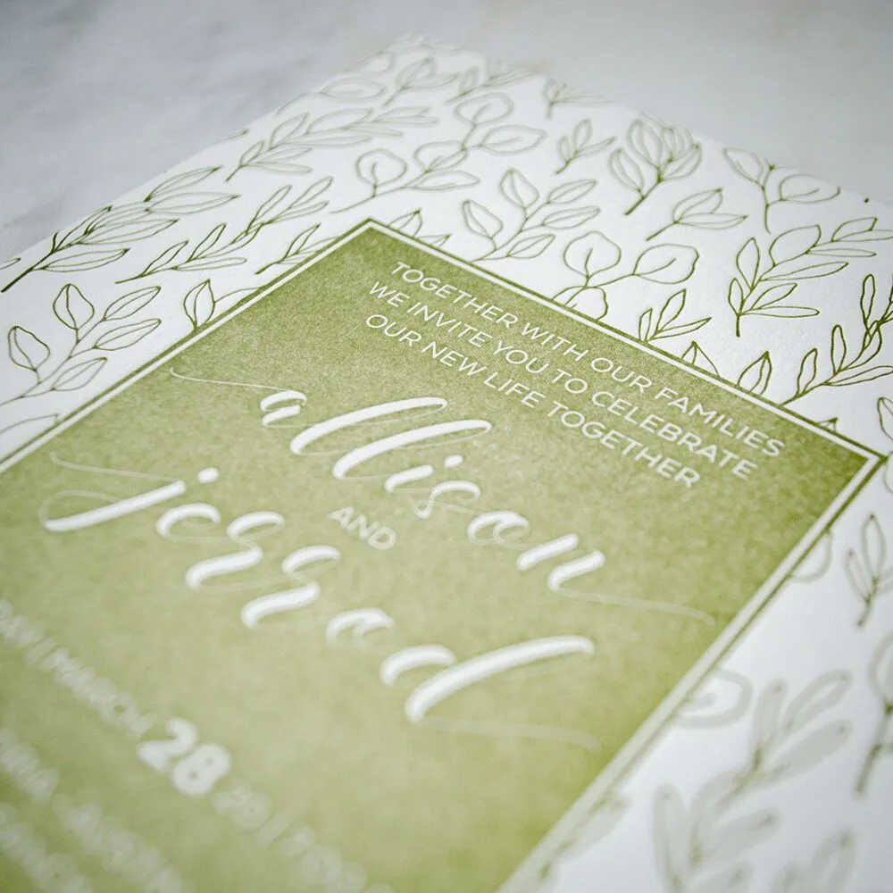 Green Leaf Personalized Letterpress Wedding Invitations