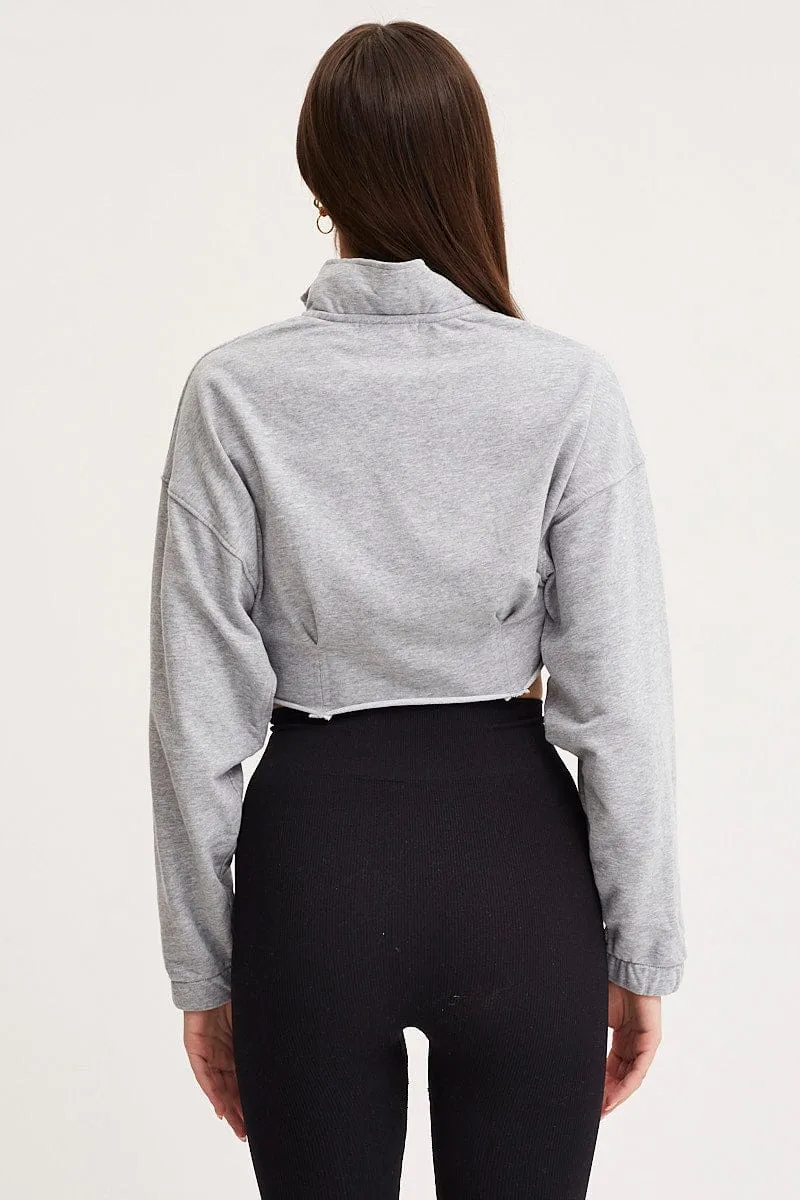 Grey Zip Front Sweater Long Sleeve